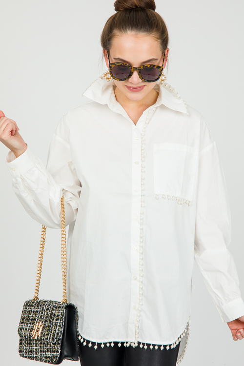 Pearl Trim Button Down, Off White - SALE - The Blue Door Boutique