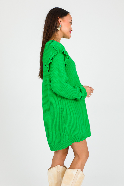 Ruffle Shoulder Tunic Sweater, Green