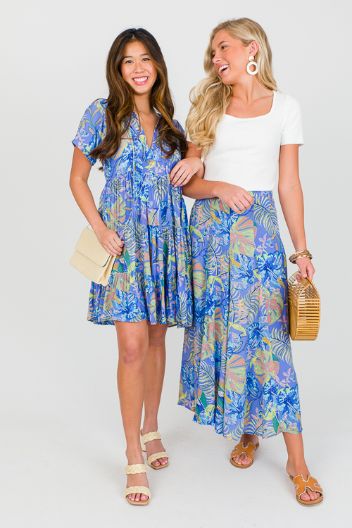 Leaf Print Maxi Skirt, Blue