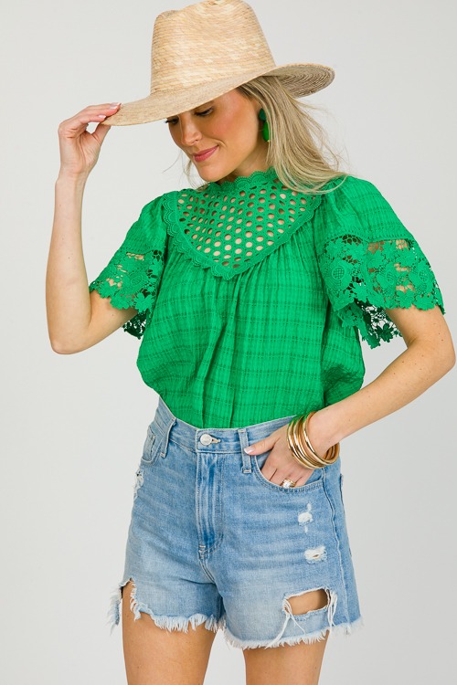 Lace Contrast Check Top, Green