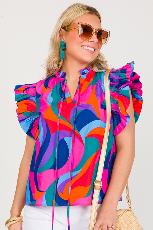 Poplin Abstract Top, Blue/Pink