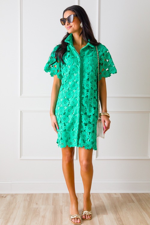 Floral Lace Shirt Dress, Emerald - New Arrivals - The Blue Door Boutique