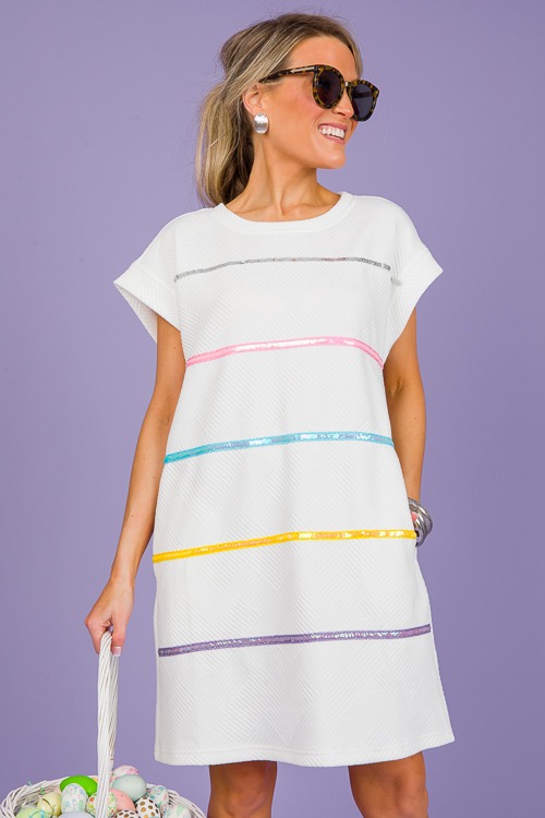 Sequin Stripe Texture Dress, Off White - New Arrivals - The Blue Door  Boutique