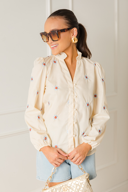 Floral Embroidered Button Top,