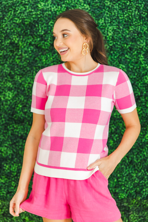 Short Sleeve Check Sweater, Hot Pink