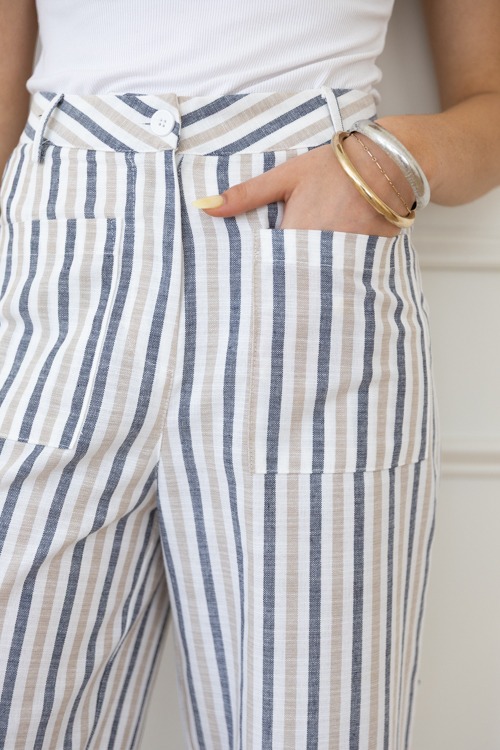 Striped Linen Pocket Pants, Tan - 0421-209h.jpg