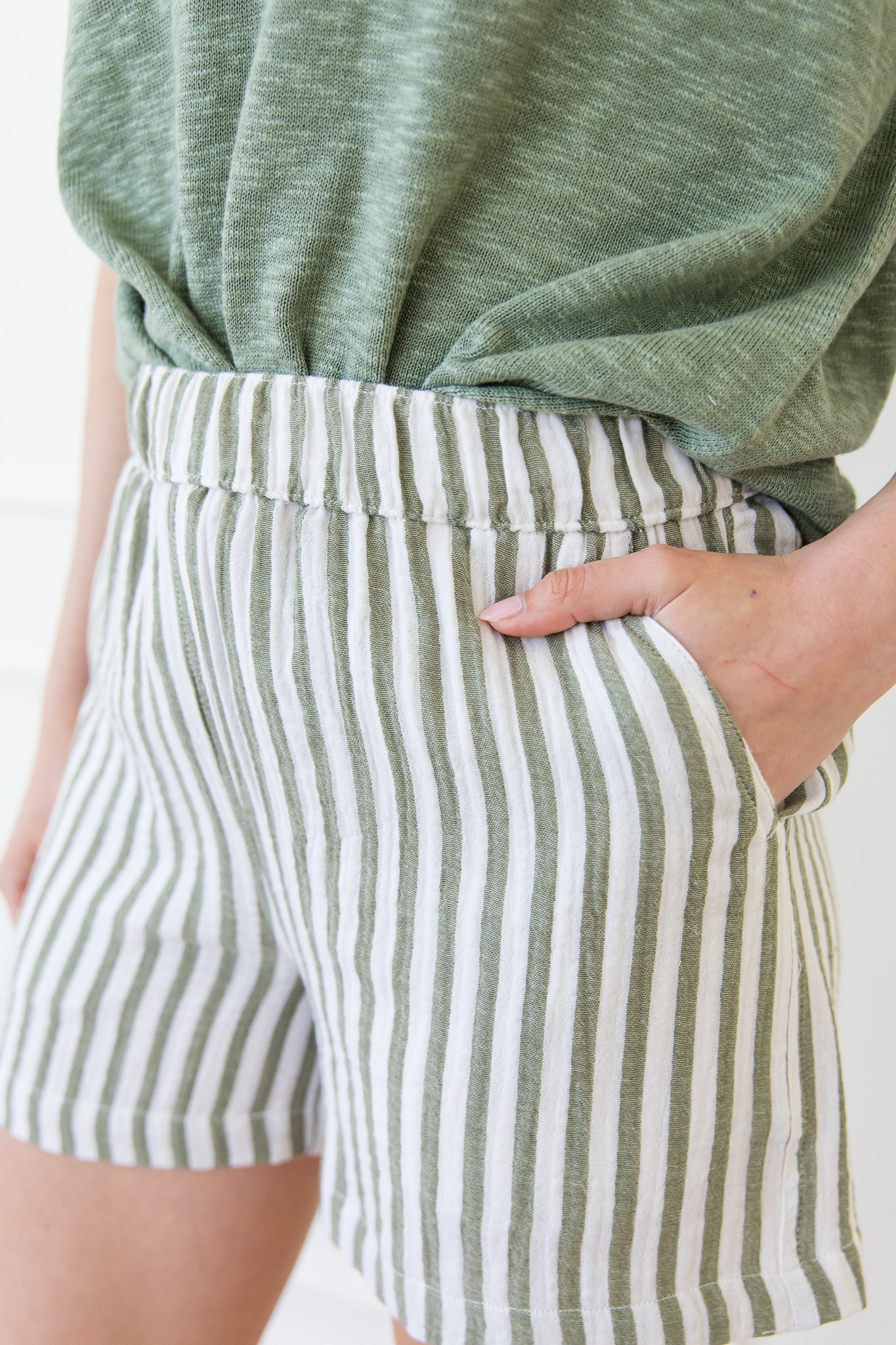 Striped Gauze Shorts, Olive - 0422-49.jpg