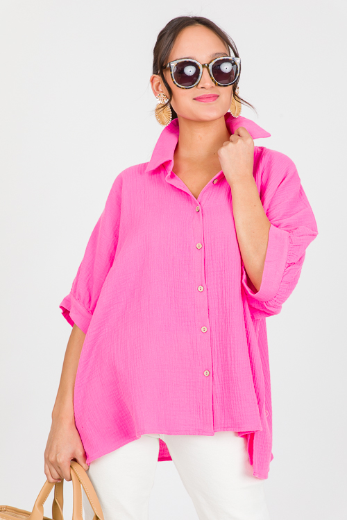 Oversize Gauze Shirt, Hot Pink New Arrivals The Blue Door Boutique