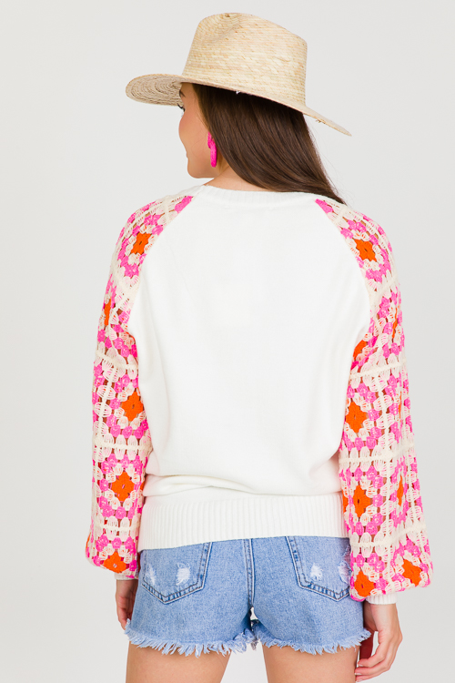Crochet Sleeves Sweater, White New Arrivals The Blue Door Boutique