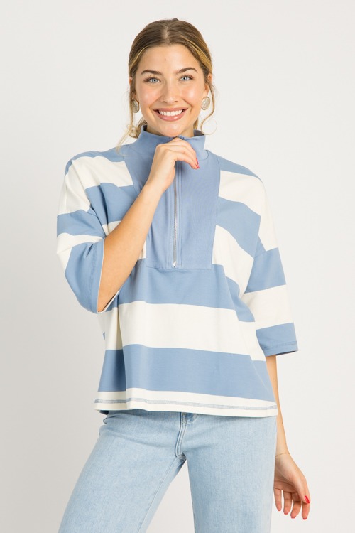 Half Zip Stripe Top, Blue - 0702-46.jpg
