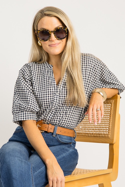 Gingham Button Up Blouse, Navy - 0828-76p.jpg