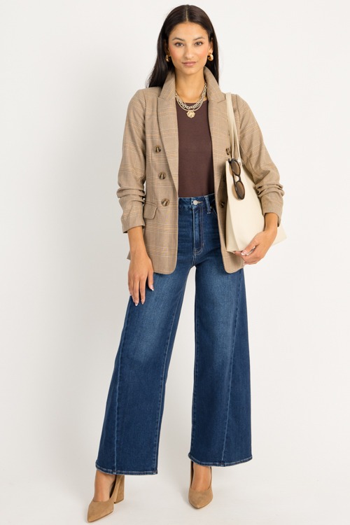 Plaid Ruched Sleeve Blazer, Brown - 0905-111p.jpg