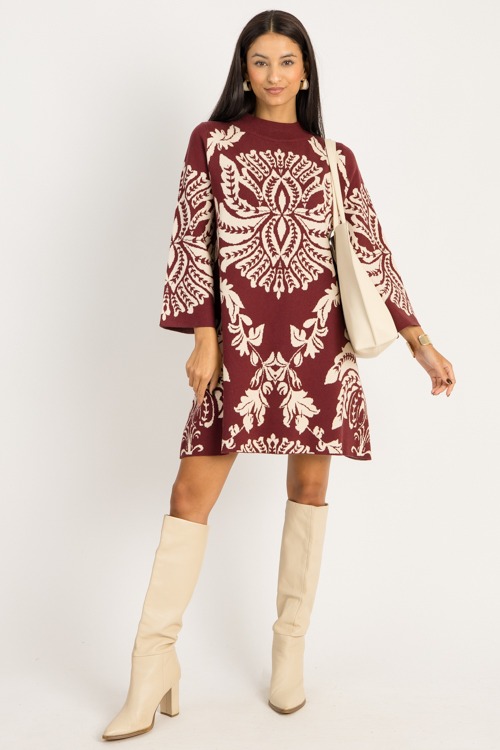 Chic Print Sweater Dress, Burgundy - 0919-19p.jpg