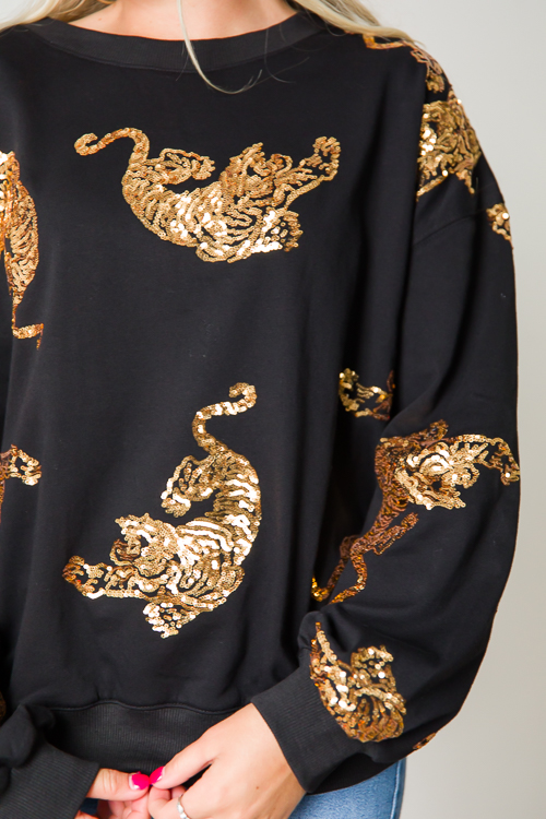 Sequin Tiger Sweatshirt, Black/Gold - New Arrivals - The Blue Door Boutique