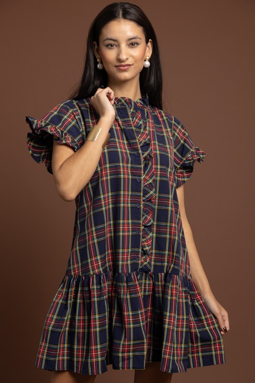 Tartan Plaid Ruffle Dress, Navy - 1002-299p.jpg