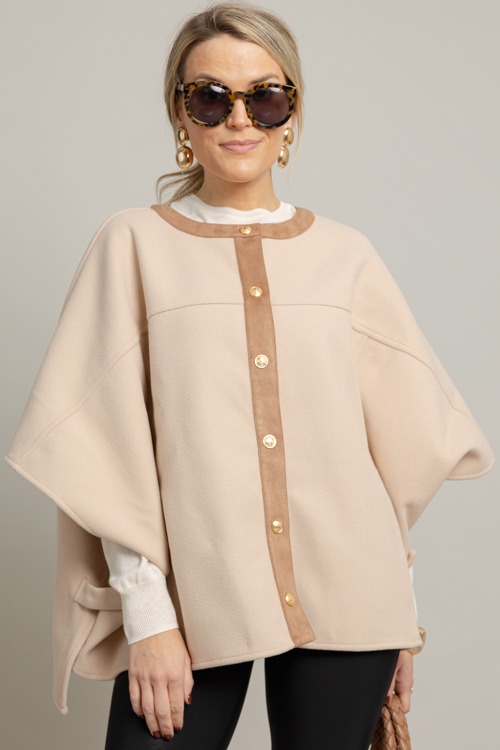 Suede Trim Button Cape, Taupe - 1006-20p.jpg