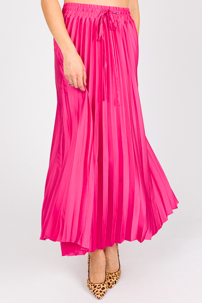 Satin Pleated Maxi Skirt, Hot Pink