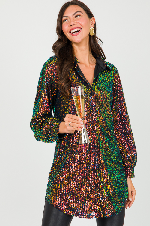 Multi Sparkle Button Up, Black SALE The Blue Door Boutique