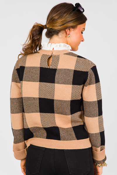Ruffle Neck Check Sweater, Tan/Black