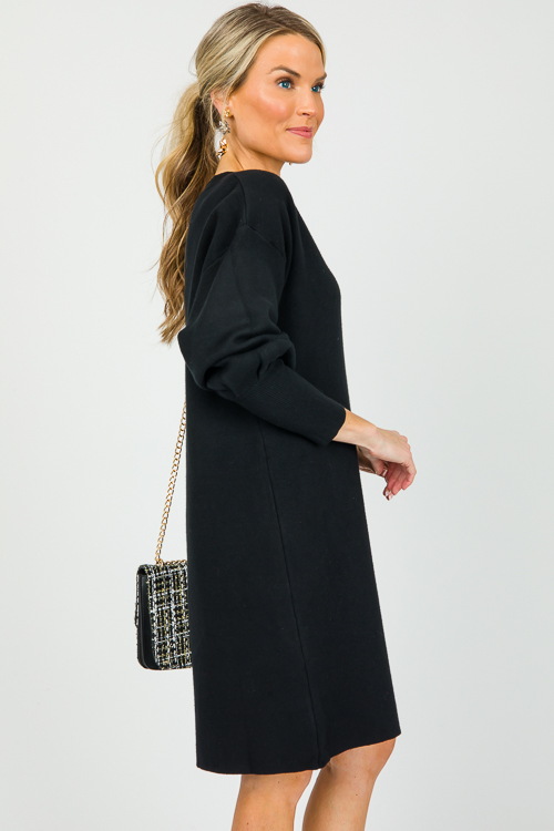 V-Neck Sweater Dress, Black - New Arrivals - The Blue Door Boutique