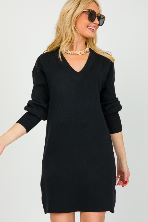 V-Neck Sweater Dress, Black - New Arrivals - The Blue Door Boutique