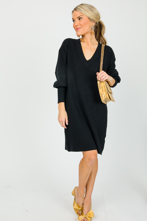 V-Neck Sweater Dress, Black - New Arrivals - The Blue Door Boutique