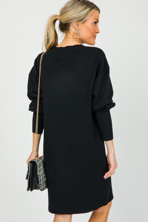 V-Neck Sweater Dress, Black - New Arrivals - The Blue Door Boutique