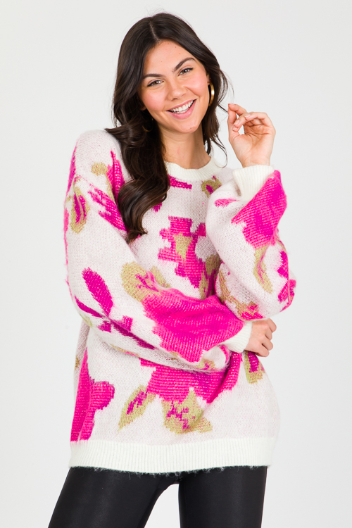 Bold Floral Sweater, Ivory/Fuchsia