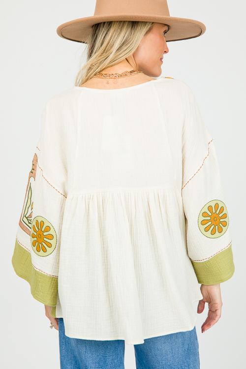 Embroidery Gauze Top, Natural Sage New Arrivals The Blue Door Boutique
