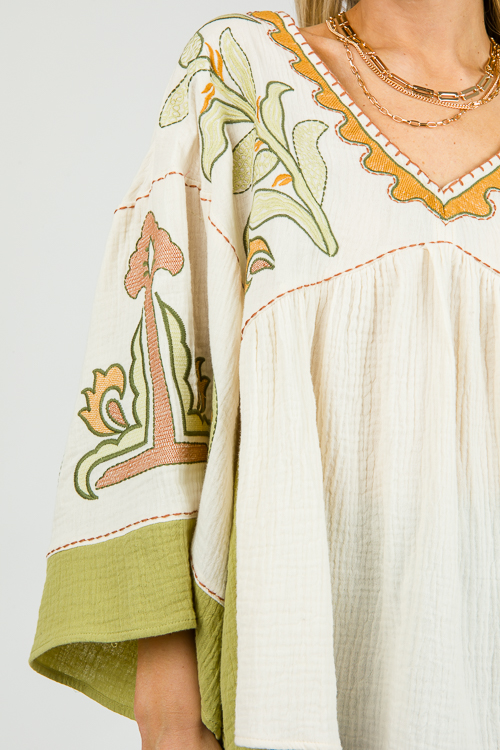 Embroidery Gauze Top, Natural Sage New Arrivals The Blue Door Boutique