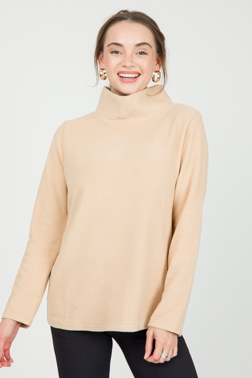 Fleece Mock Neck Pullover, Tan