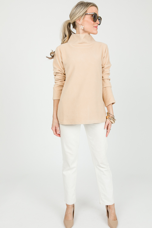 Fleece Mock Neck Pullover, Tan