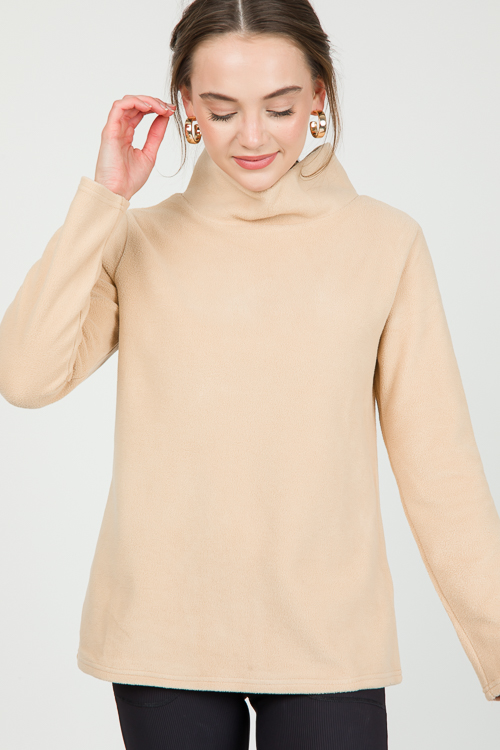 Fleece Mock Neck Pullover, Tan