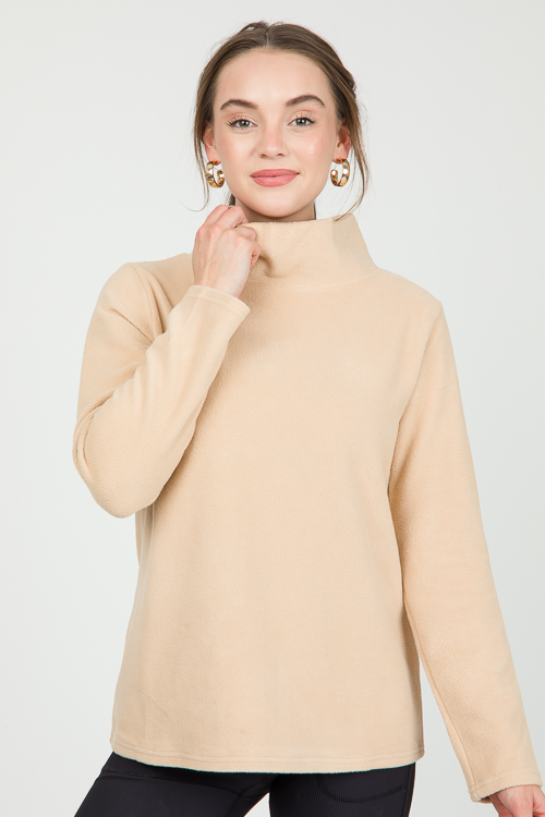 Fleece Mock Neck Pullover, Tan