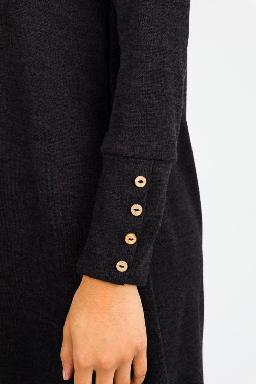 Button Cuff Knit Dress, Black