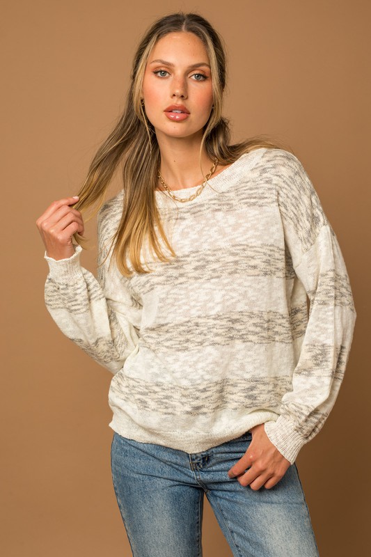 Benji Stripe Sweater, Ivory/Grey