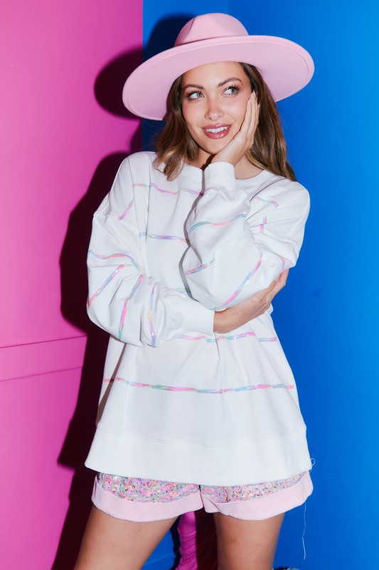 Sequin Stripe Sweatshirt, White - New Arrivals - The Blue Door Boutique
