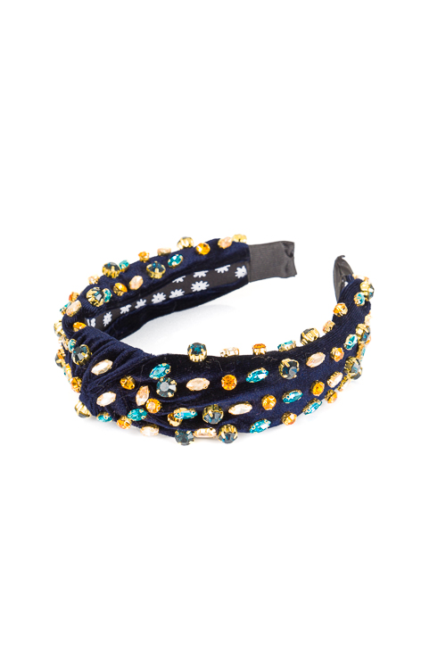 Bejeweled Velvet Headband, Blue