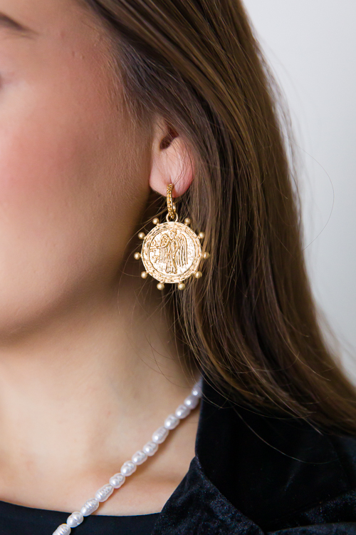 Coin Dangling Textured Hoops, Gold