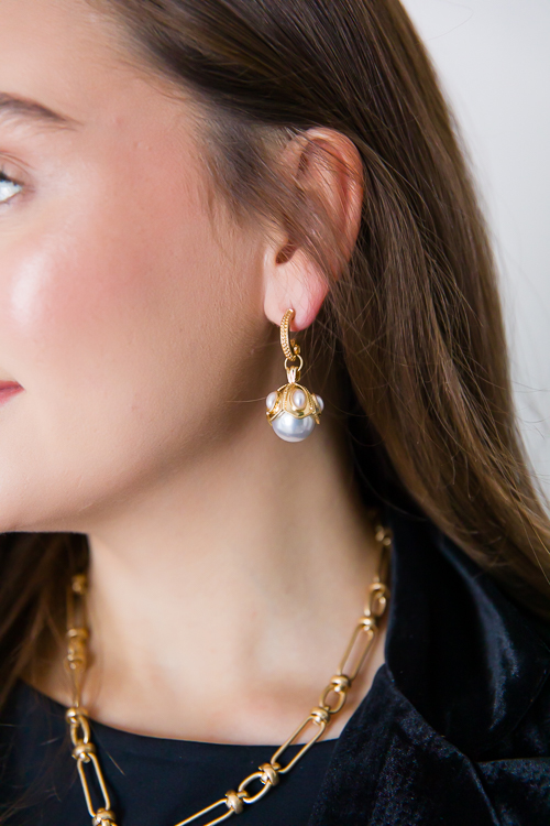 Pearl Dangling Textured Hoops