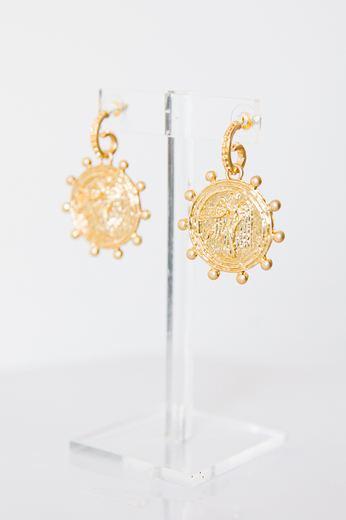 Coin Dangling Textured Hoops, Gold
