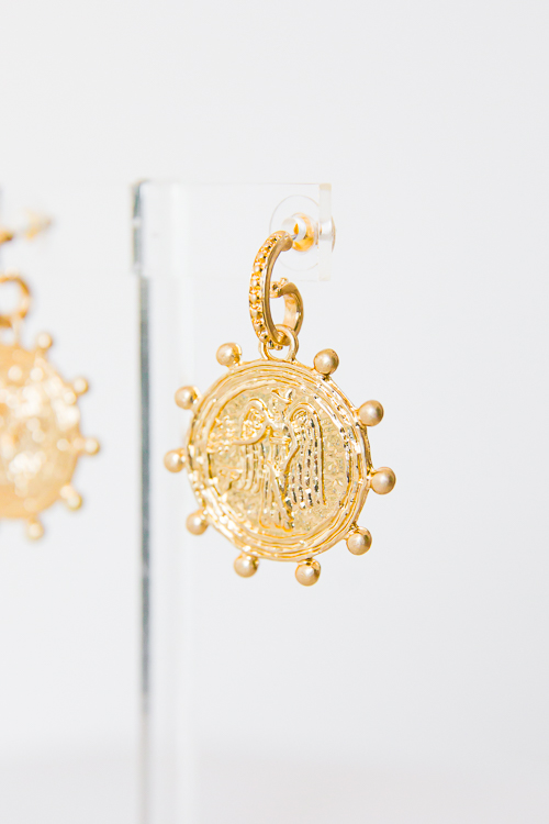 Coin Dangling Textured Hoops, Gold