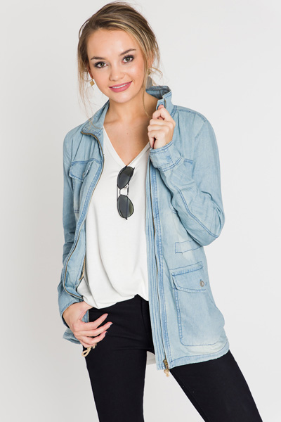 Chambray Utility Jacket - Tops - The Blue Door Boutique