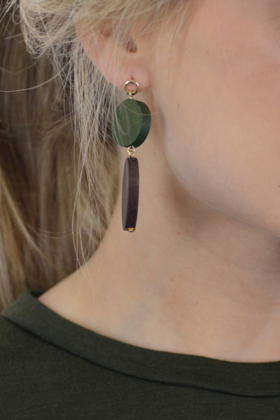 Round Wood Earring, Olive/Wine