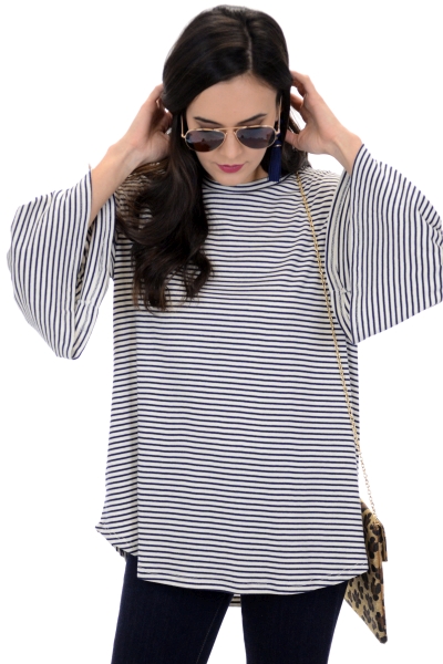Bell Sleeve Striped Tunic, Navy