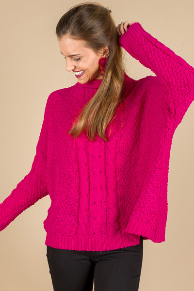 Mock Neck Cable Sweater, Raspberry