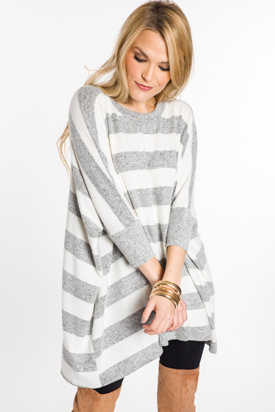 Striped Dolman Sweater, H. Grey