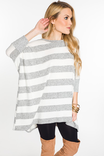 Striped Dolman Sweater, H. Grey