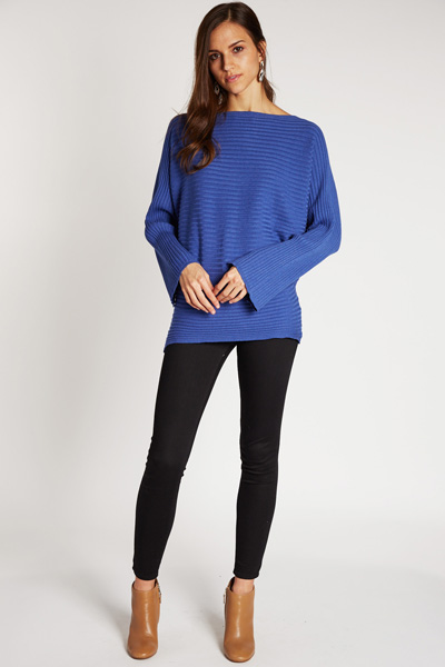 Sling Neck Ribbed Sweater, Blue
