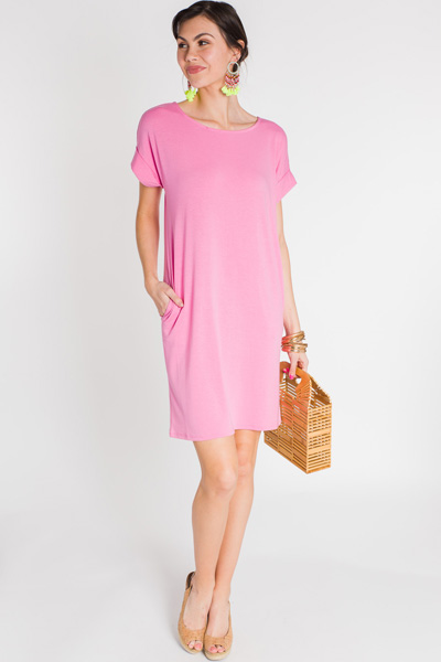 Rolled Sleeve T Shirt Dress, Pink